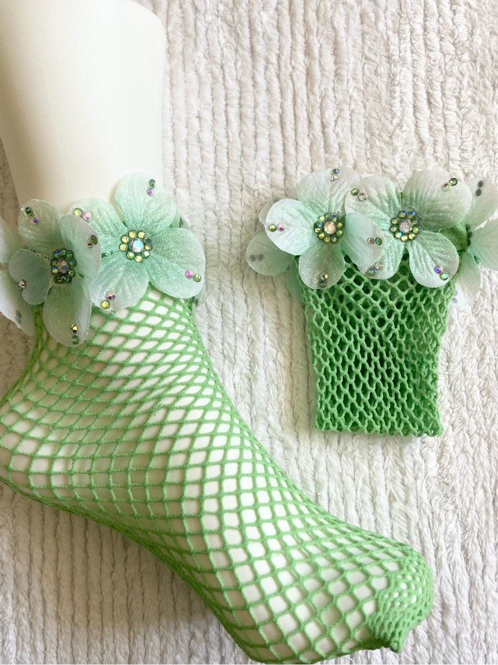 Fishnet Ankle Socks GREEN Prom Wedding Anklets Crystal Flower Embellished